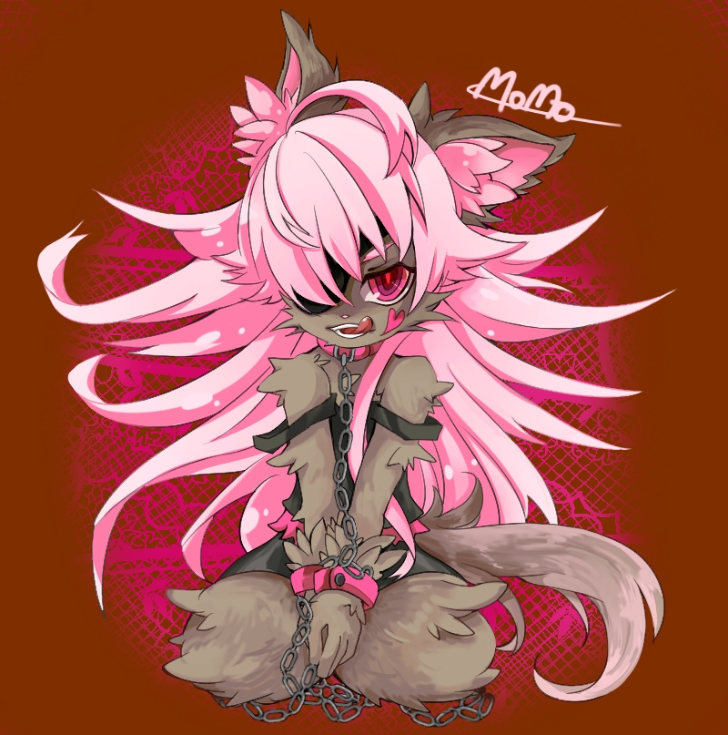 &hearts; bdsm bondage chains collar eye_patch female hair inumimi-syndrome kneeling pink_eyes pink_hair solo tongue_out toumitu