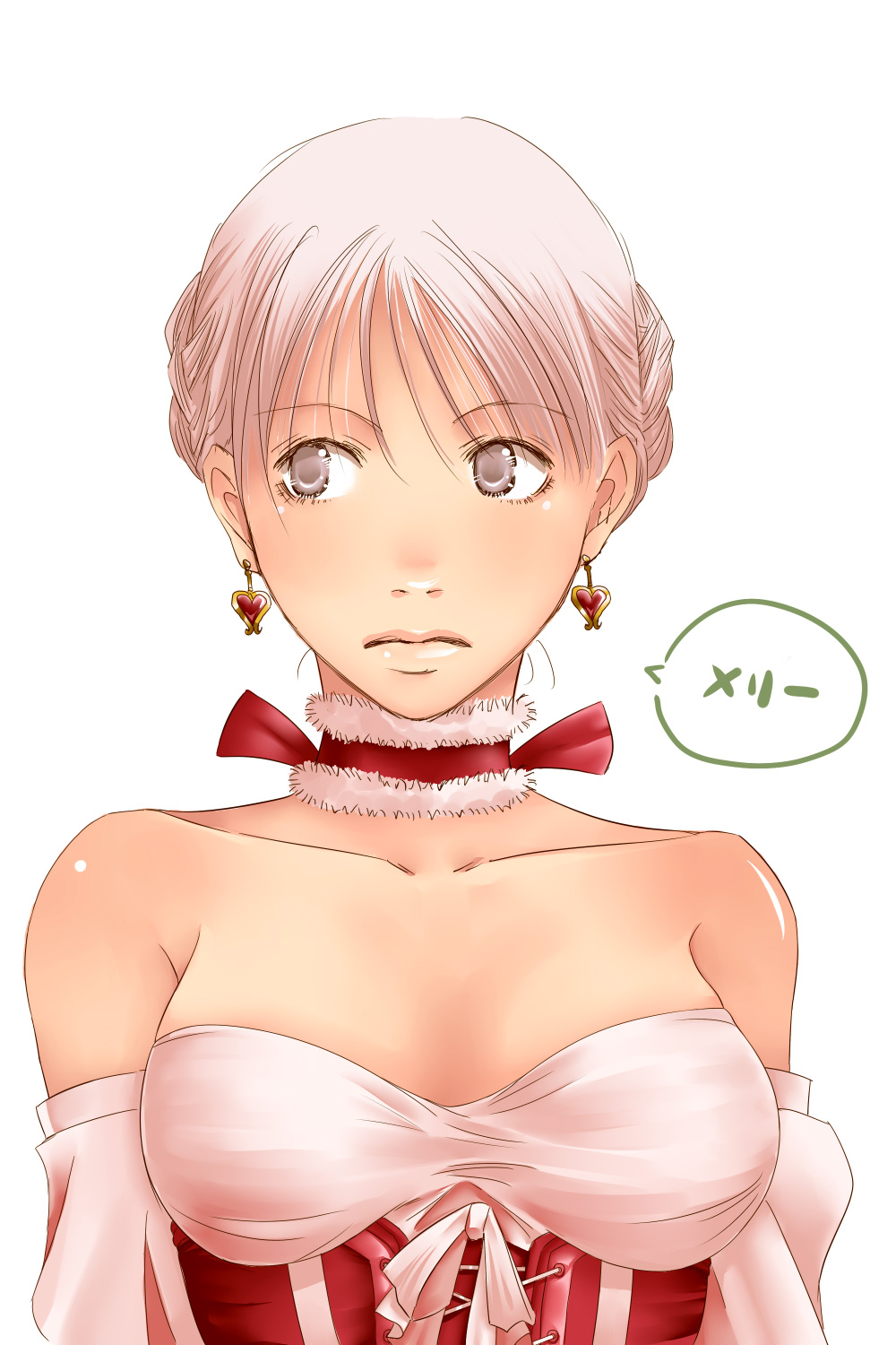 bare_shoulders choker christmas close-up earrings highres jewelry mr.romance original pink_eyes pink_hair short_hair solo