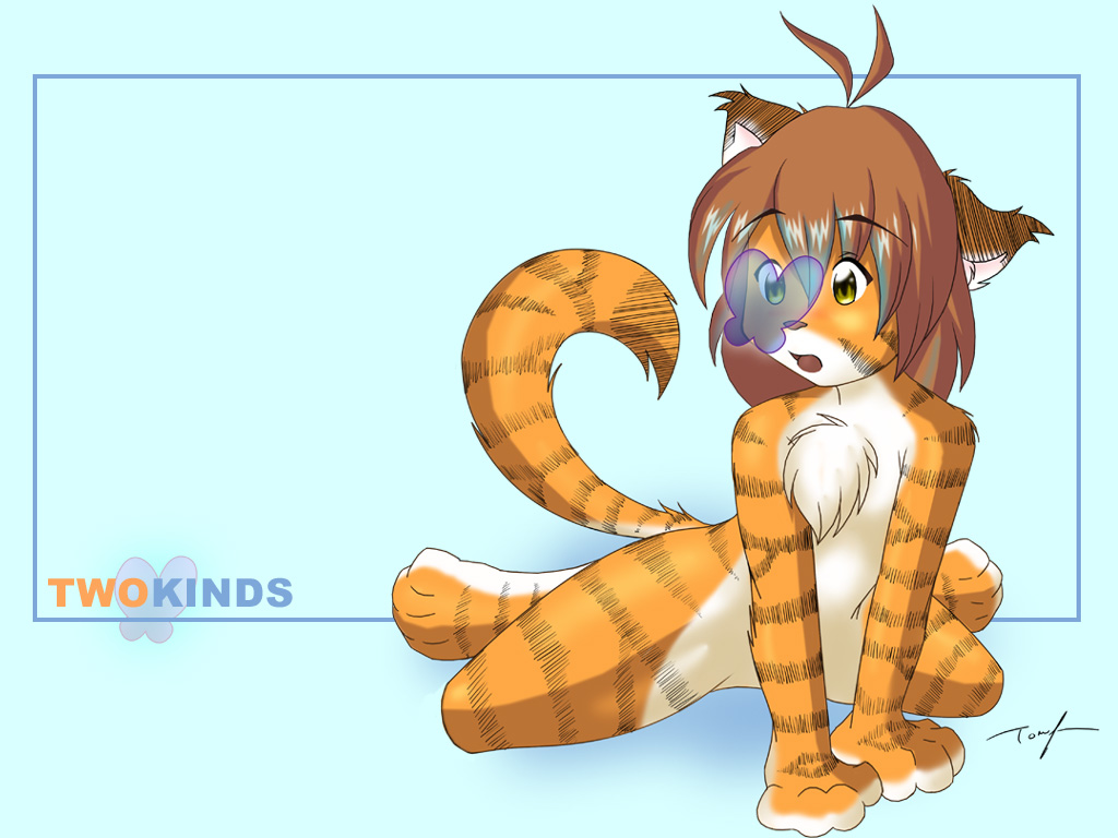 4:3 ahoge brown_hair butterfly chest_tuft cub cute female flora_(twokinds) hair keidran kneeling nude orange solo standard_monitor stripes tail tom_fischbach twokinds wallpaper white yellow_eyes