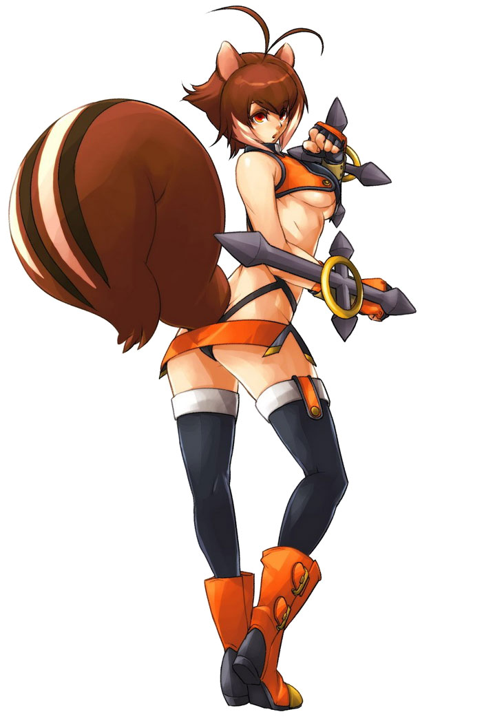 ahoge animal_ears blazblue boots breasts brown_hair derp ears female hair looking_at_viewer looking_back makoto_nanaya panty_shot pose raised_tail rodent side_boob skimpy solo squirrel stripes tail weapon