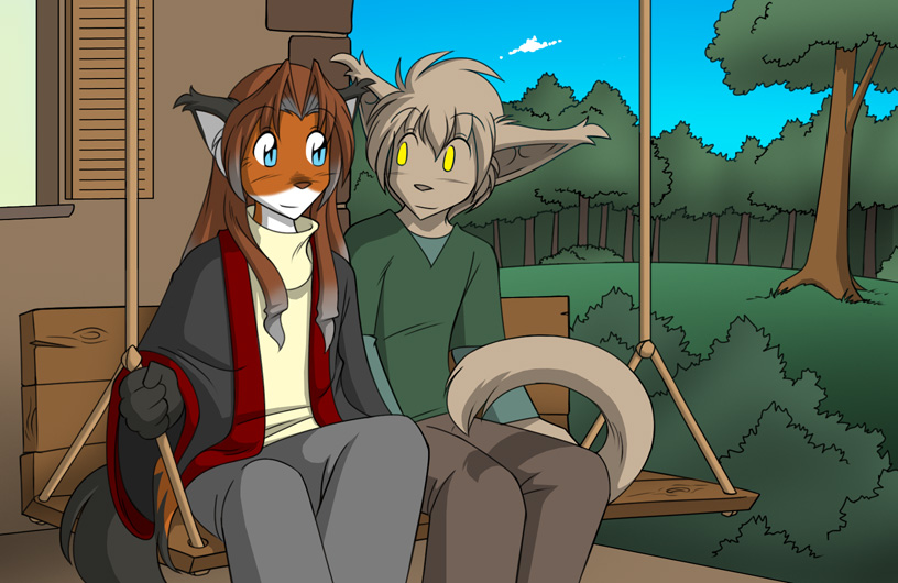 basitin bisitian canine clothing couple duo female forest fox happy keidran keith_(twokinds) keith_keiser laura_(twokinds) male mammal outside sitting smile swing tom_fischbach tree trees twokinds webcomic what_could_have_been wood