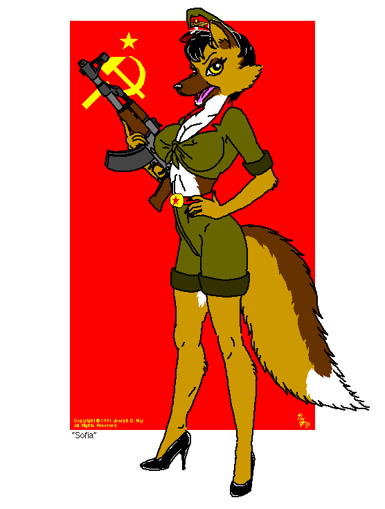 ? anthro breasts canine cheesecake clothed clothing dog female german_shepherd gun hammer_and_sickle hat joseph_ny mammal ranged_weapon sofia solo soviet star weapon
