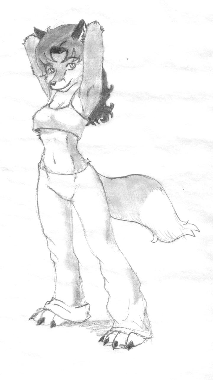 armpits arms_above_head canine clothed cute female fox looking_at_viewer midriff navel sketch skimpy solo unknown_artist