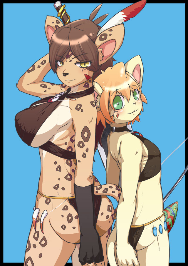 big_breasts blonde_hair blush bow breasts brown_hair cat cheetah clothed clothing feather feline female flat_chest green_eyes hair huge_breasts kzwpix23 male mammal modesty_gourd native penis_gourd skimpy sword tribal warrior weapon yellow_eyes