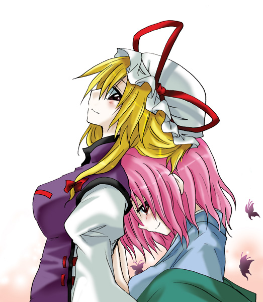 blonde_hair bug butterfly insect multiple_girls no_hat no_headwear pink_hair red_eyes saigyouji_yuyuko short_hair simple_background smile touhou unya yakumo_yukari yuri