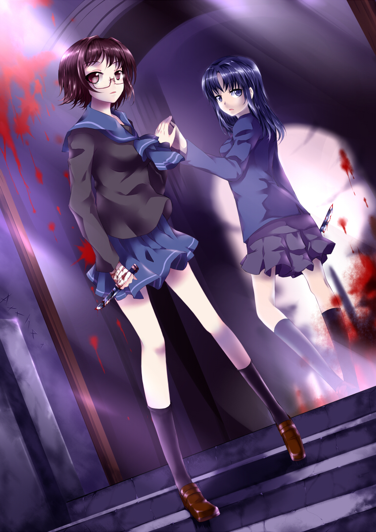 bandages blood blue_eyes blue_hair brown_eyes brown_hair dutch_angle huangquan_dong_(sinchi) knife legs looking_back multiple_girls original outstretched_arm outstretched_hand purple_hair red_eyes school_uniform serafuku short_hair stairs standing touching