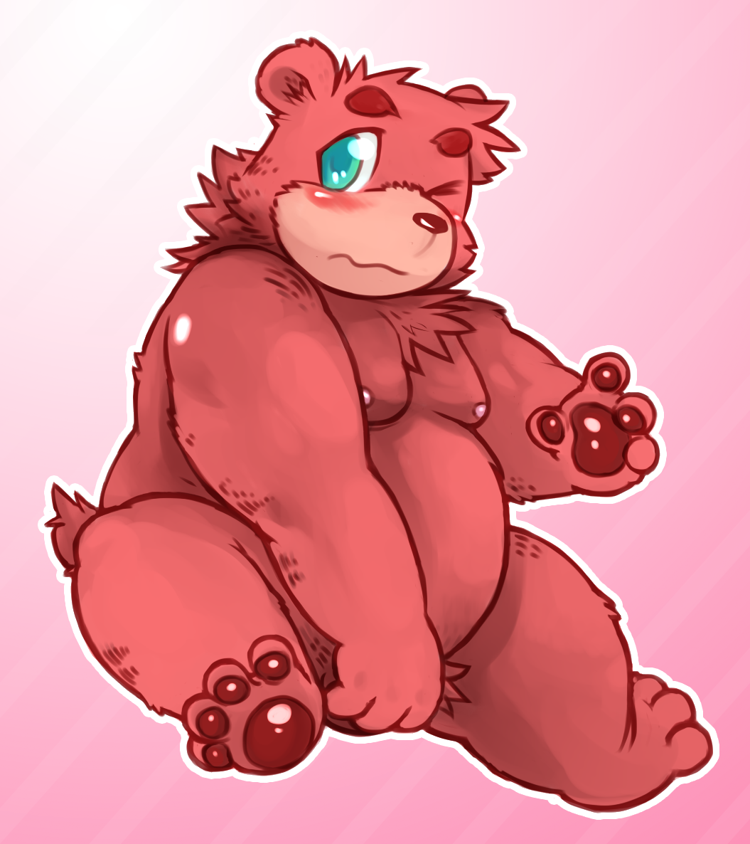 bear blue_eyes blush chest_tuft chubby covering covering_self covering_up cute fat fur gazpacho gazpacho_(artist) hindpaw male mammal moobs nipples nude one_eye_closed overweight pawpads paws pink pink_background plain_background solo tuft