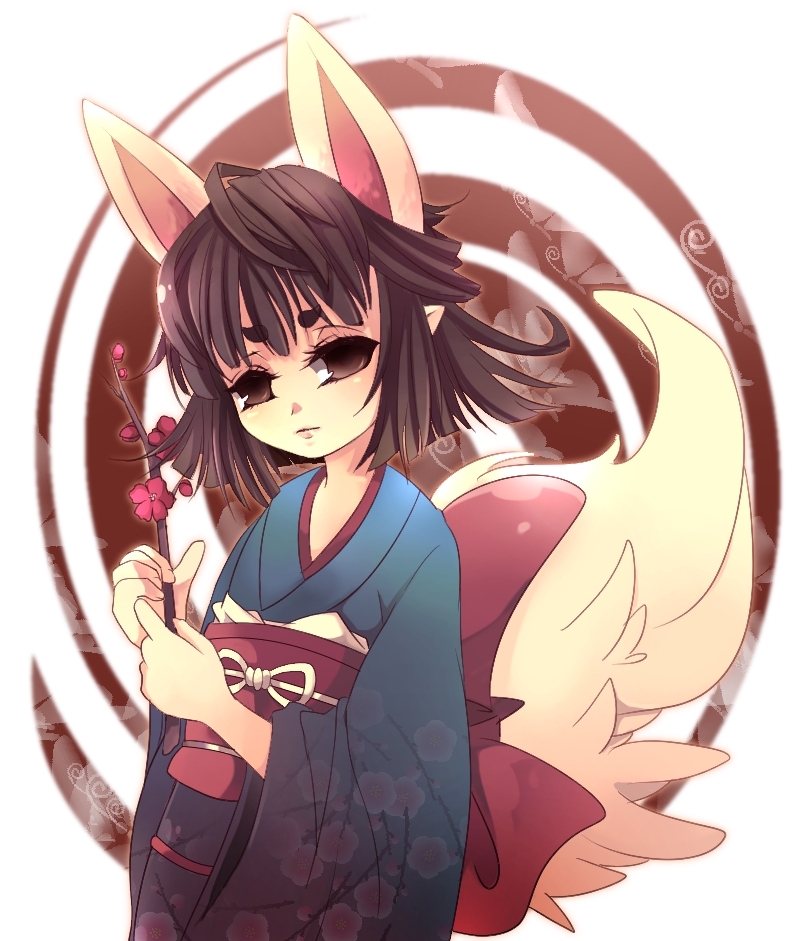 brown_hair canine female flower fox hair inumimi-syndrome mammal plain_background solo tail white_background