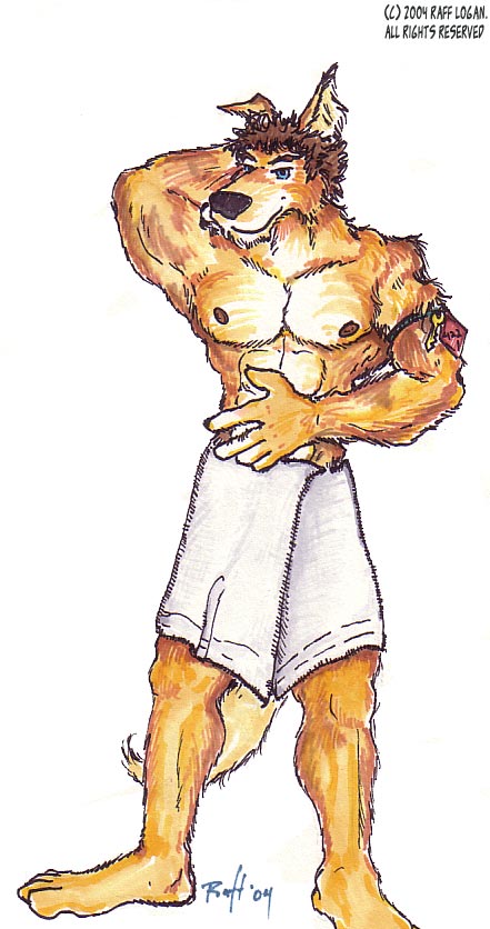 2004 armpits barazoku bath bathhouse blue_eyes canine dog grin inviting looking_at_viewer male muscles pinup pose raff raff_m_logan shower solo standing towel werewolf wolf