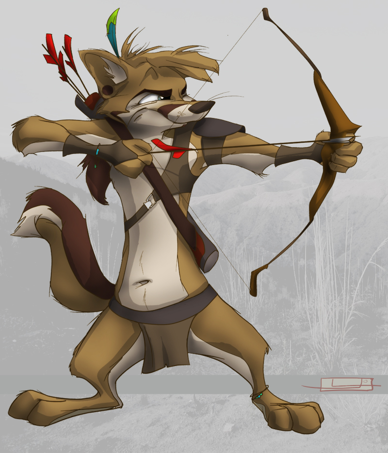 armband arrow bow bow_(weapon) brown_fur brown_hair canine feather fox foxer421 fur hair half-closed_eyes loincloth mammal navel ranged_weapon solo standing tribal underwear weapon whiskers