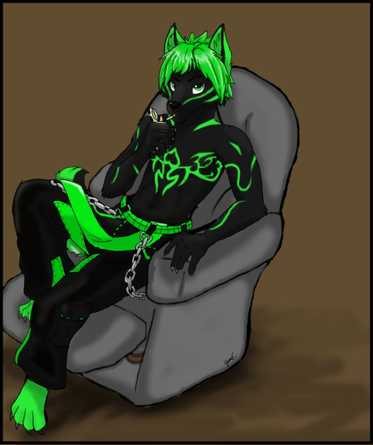black canine chains cigarette green green_eyes green_hair looking_at_viewer male markings nemisis_frakture recliner sitting smoking solo topless tripps wolf yume_redpanda