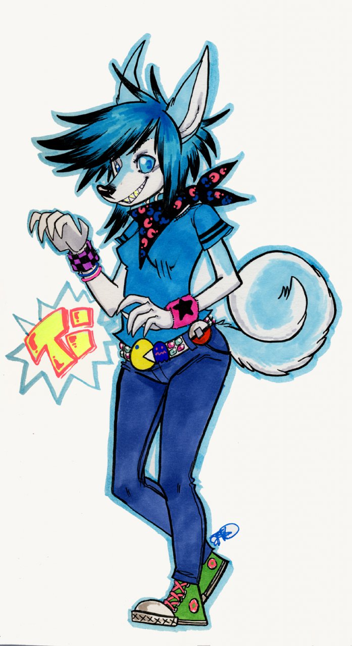 bandanna belt_buckle blue_eyes blue_hair canine chuck_taylor_all_stars converse dog female hair happy hipster husky jeans jewelry looking_at_viewer mammal opiumrevolution plain_background skinny_jeans sneakers solo white_background