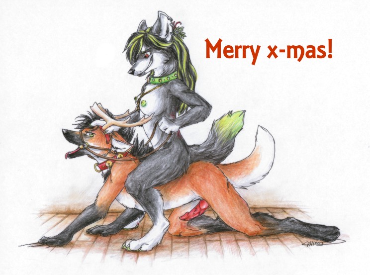 2009 all_fours bells canine caption digitigrade domination female female_domination fuckie fuckie_(character) highlights male open_mouth penis piercing raksha reindeer_(character) riding straight teeth tongue wolf xmas
