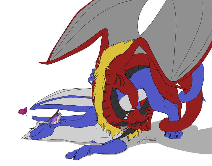 &hearts; blue cum dragon fellatio herm intersex male morca morca_(artist) oral oral_sex penis red scalie sex tail vaginal wings