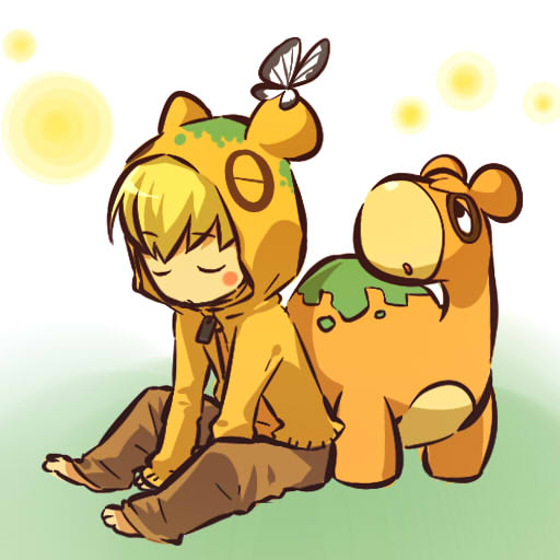 androgynous blonde_hair blush_stickers bug butterfly closed_eyes gen_3_pokemon hitec hood hoodie insect moemon numel personification pokemon pokemon_(creature) sitting sleeping