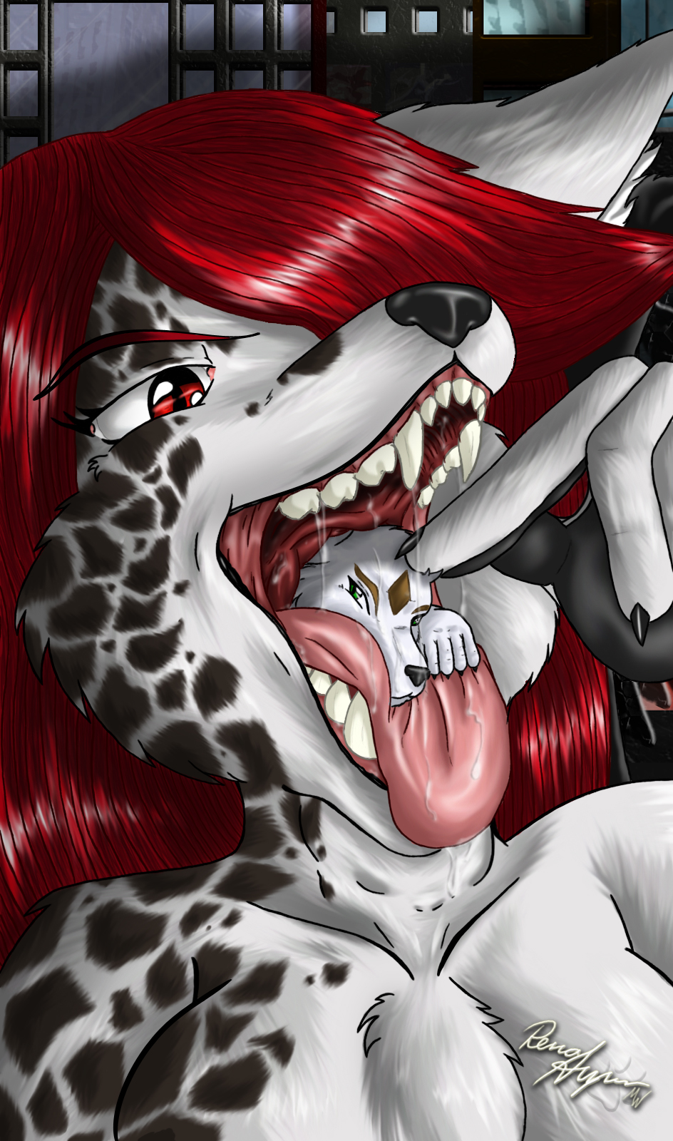 canine female hybrid macro micro open_mouth red_eyes red_hair rena_ayama size_difference spots tongue unknown_species vore wolf