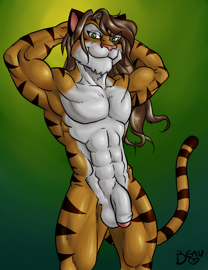 anthro feline green_eyes lapinbeau looking_at_viewer male mammal muscles nude penis pose smile solo stripes tail tiger uncut