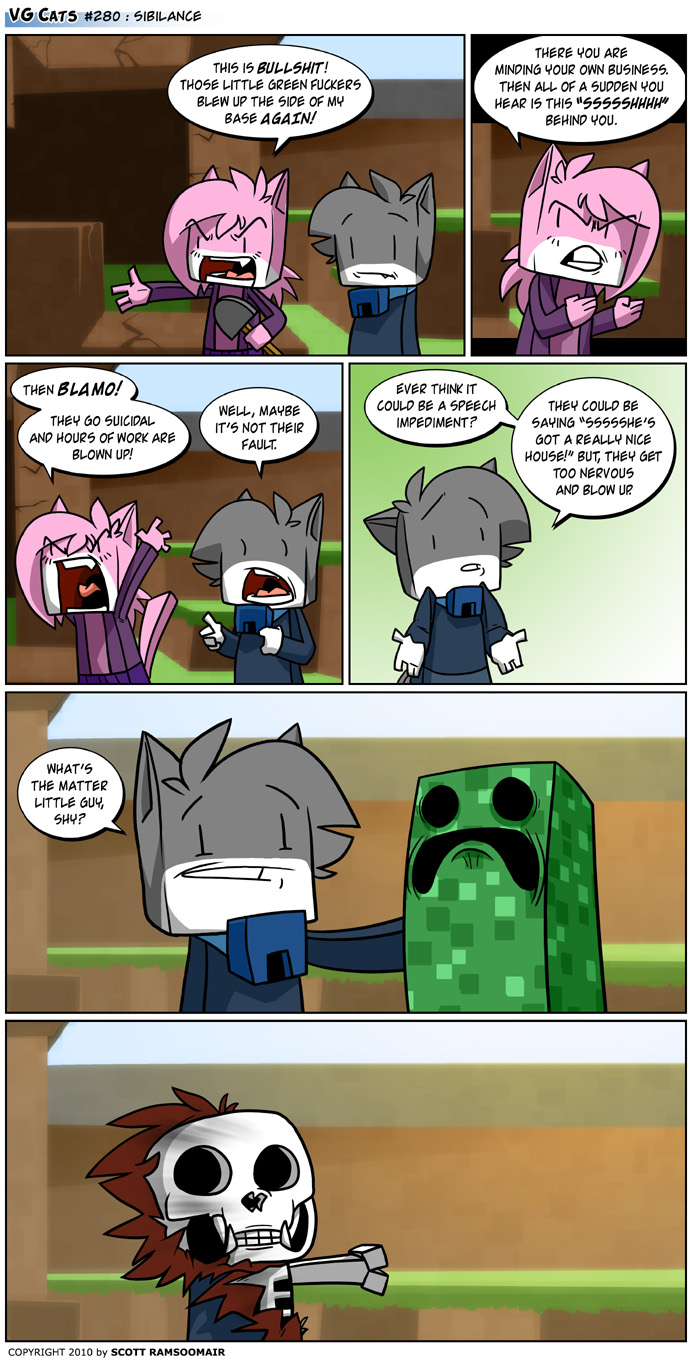 2010 aeris_(vg_cats) comic creeper explosion female humour leo_(vg_cats) male minecraft ruiner_of_perfectly_good_buildings scott_ramsoomair shovel skeleton vgcats