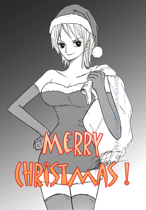 bag bare_shoulders black_eyes breasts celebration christmas cleavage dress elbow_gloves female gloves gradient gradient_background hand_on_hip hat hips legs long_gloves looking_at_viewer monochrome nami nami_(one_piece) one_piece pirate santa_costume santa_hat santa_suit short_hair simple_background solo spot_color standing text thighhighs