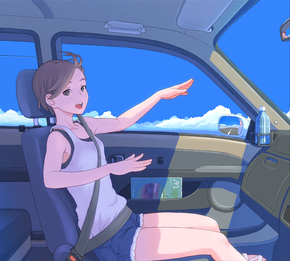 bottle car car_interior character_request cloud cutoff_jeans cutoffs day denim denim_shorts face flash_tomo ground_vehicle hands motor_vehicle original right-hand_drive scenery shorts solo water_bottle