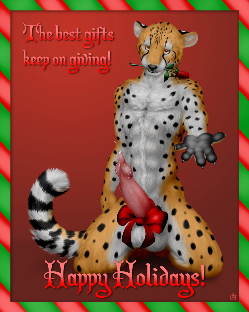 background_gradient balls barbs big_balls border bow bow_tie cheetah chest_tuft christmas claws cum erection feline flower fur gradient_background green holidays hyper kneeling liquid looking_at_viewer male mammal open_paw penis precum red rose solo spots stripes tail taj teeth tuft xmas yellow_eyes