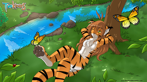 butterfly feline female flora_(twokinds) grass keidran nude river rule_34 tiger tom_fischbach tree twokinds webcomic