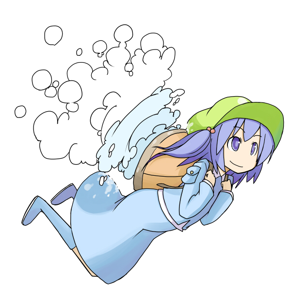 backpack bag blue_eyes blue_hair boots bubble full_body hat kawashiro_nitori light_smile nakashino_setsu short_hair simple_background smile solo touhou twintails two_side_up