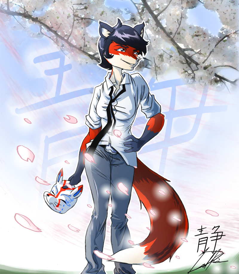 artwolfe canine cherry_blossom female fox kitsune_mask necktie shirt solo