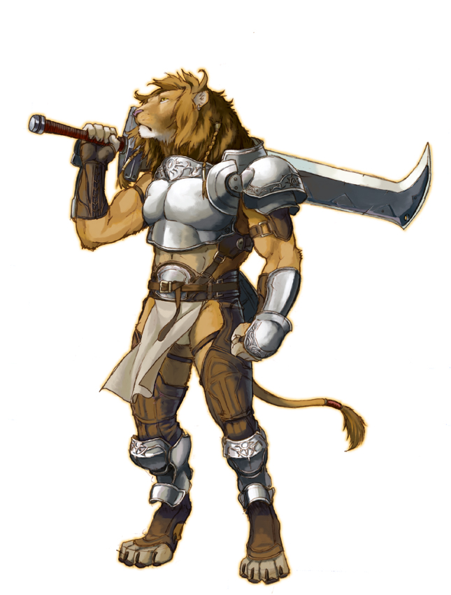 armor digitigrade feline lion male mammal solo tail weapon
