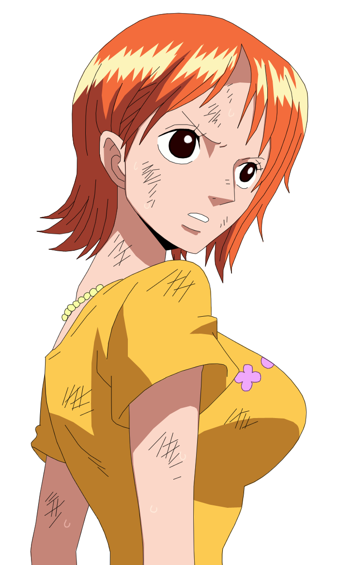 1girl breasts female large_breasts nami nami_(one_piece) one_piece orange_hair sabaody_archipelago shirt short_hair simple_background solo yellow_shirt