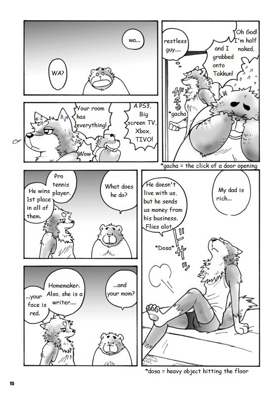 bed blush canine comic dialog dialogue dog greyscale hard_translated male mammal monochrome overweight text translated wantaro