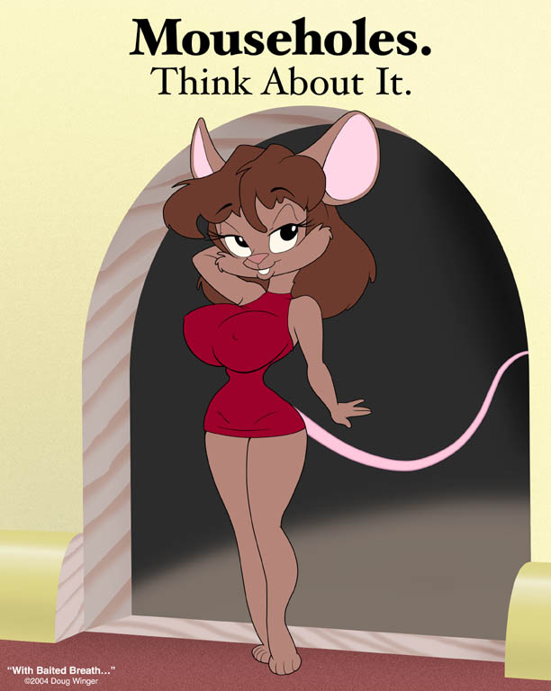 black_eyes breasts brown_hair clothing doug_winger dress english_text female hair mammal mouse mouse_hole rodent solo tail text
