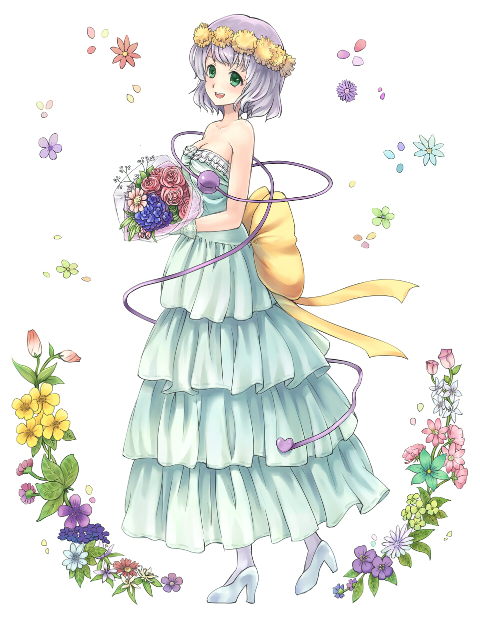alternate_costume bare_shoulders blue_door bouquet breasts cleavage dress flower frilled_dress frills gloves green_eyes hair_flower hair_ornament head_wreath heart high_heels highres komeiji_koishi open_mouth ribbon shoes short_hair silver_hair small_breasts smile solo third_eye touhou