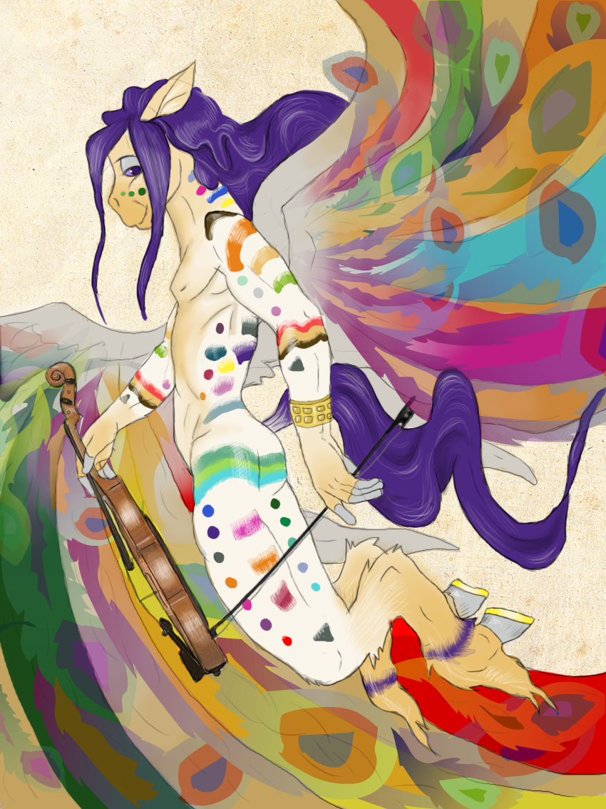 colorful equine feathers flying hair hooves horse instrument male mane markings purple_eyes purple_hair rachel_(artist) rainbow solo tail violin wings