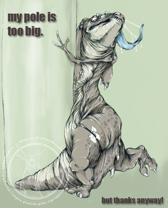 creature english_text male mephitoad pole pole_dancing slug_(artist) slug_(character) solo text tongue