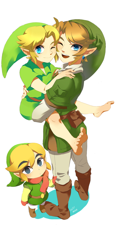 barefoot black_eyes blonde_hair blue_eyes carrying earrings gloves hat jewelry link male_focus multiple_boys multiple_persona muse_(rainforest) one_eye_closed pointy_ears scarf the_legend_of_zelda the_legend_of_zelda:_ocarina_of_time the_legend_of_zelda:_the_wind_waker the_legend_of_zelda:_twilight_princess toon_link young_link