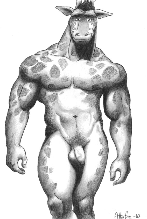 balls giraffe long_foreskin male mammal muscles nude penis plain_background pose rthur solo uncut white_background