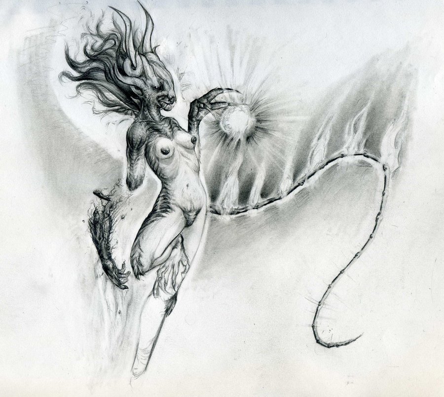 breasts claws demon dragon fangs female fire greyscale horn horns lemur lupinator monochrome nipple_piercing nipples nude piercing plain_background pussy scales sketch skull sokovna_"dragon"_mannak solo white_background