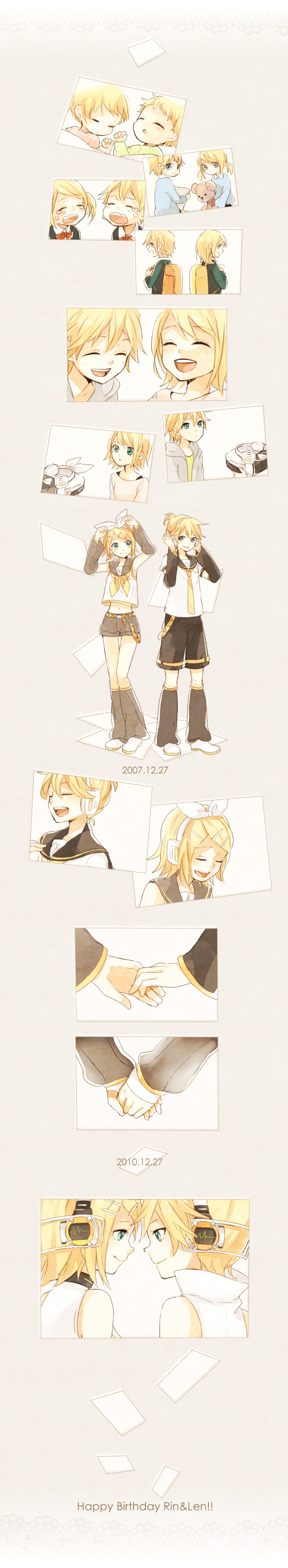 1girl absurdres age_progression baby birthday blonde_hair brother_and_sister child green_eyes hair_ornament hair_ribbon hairclip happy_birthday headphones highres holding_hands kagamine_len kagamine_len_(append) kagamine_rin kagamine_rin_(append) long_image ribbon short_hair siblings smile tall_image tama_(songe) tears twins vocaloid vocaloid_append younger