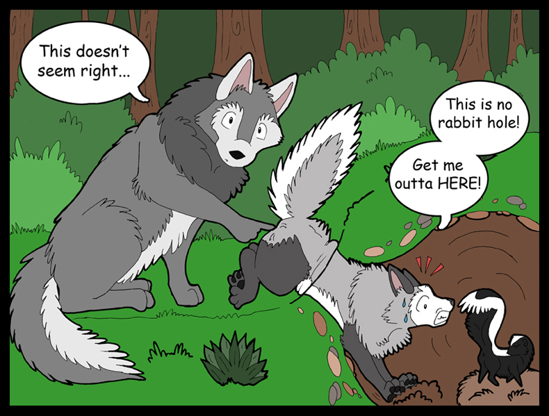 butt canine dialog dialogue feral male mammal outside skunk stuck text tree tree_(artist) wolf wood