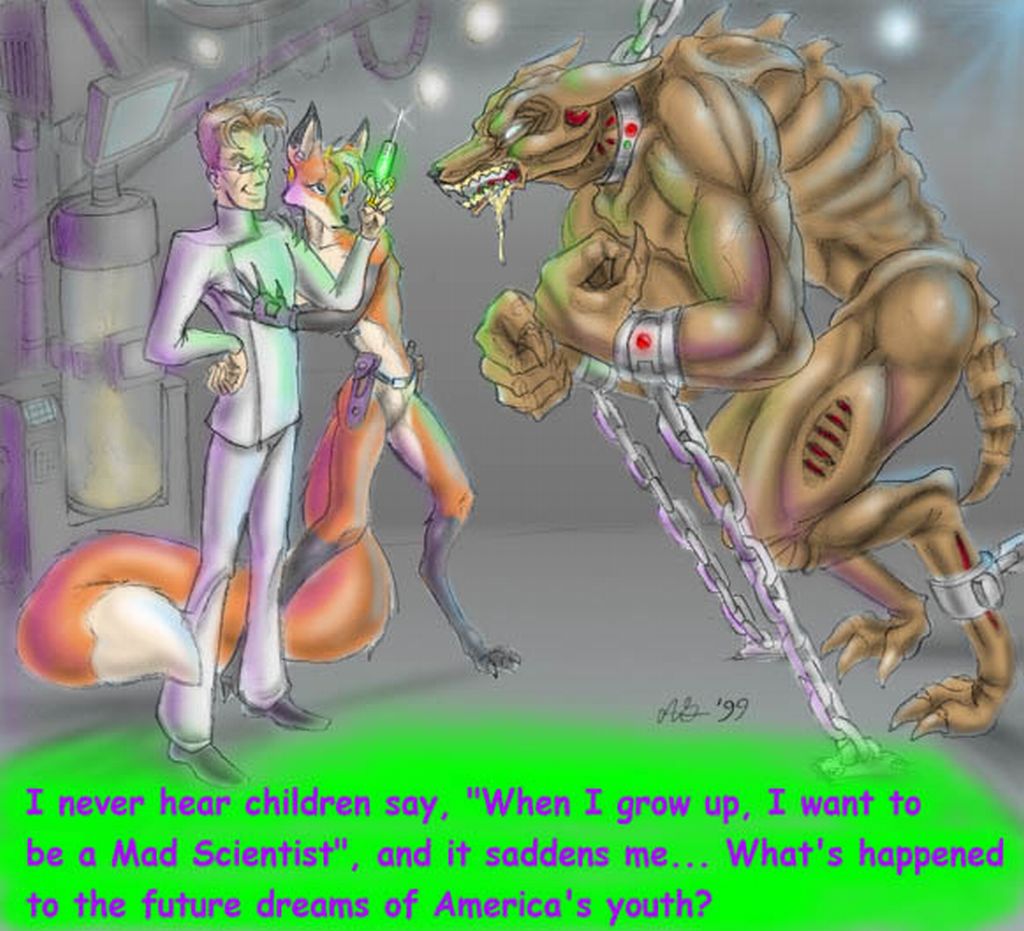 1999 alyn_gryphon anthro bdsm bondage canine caption chains chanta_ra compression_artifacts female fox glasses glow herbert_west human lol_comments looking_at_each_other male mutant sci-fi scientist syringe tail the_reanimator trio vintage what_has_science_done
