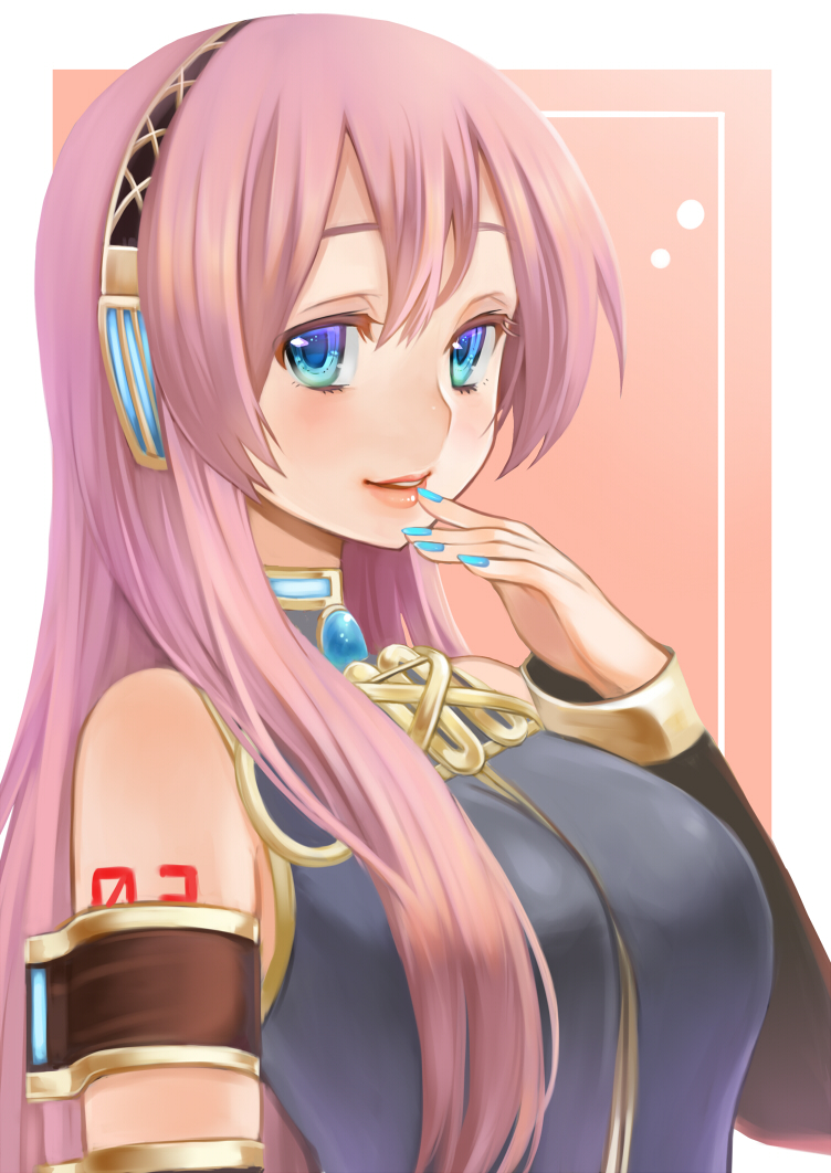 aqua_eyes bare_shoulders blue_eyes blue_nails breasts colored_eyelashes eyelashes gradient_eyes headphones large_breasts lips long_hair looking_at_viewer mamepon megurine_luka multicolored multicolored_eyes nail_polish pink_hair smile solo vocaloid