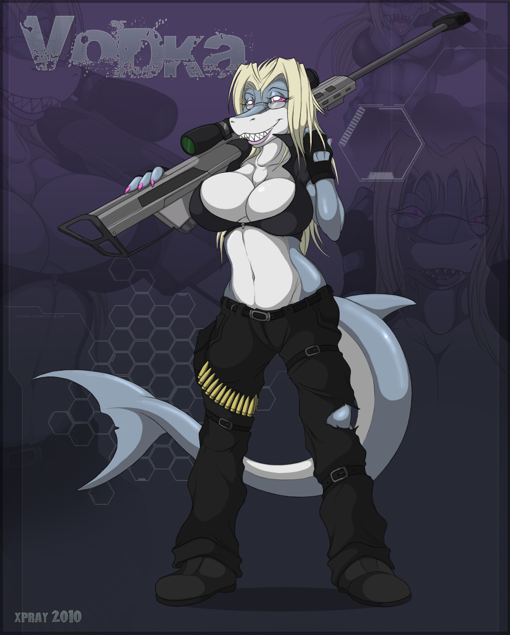 bfg bra breasts bullet cleavage clothed clothing eyewear fatigues female fish glasses gloves gun marine pink_nails ranged_weapon shark sniper_rifle solo underwear vodka_(character) vodka_kovalevski weapon xpray