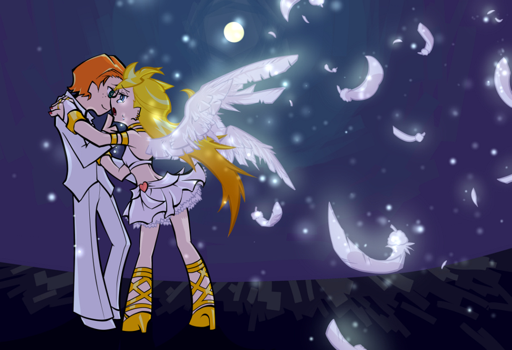 angel brief_(character) brief_(psg) couple open_mouth panty_&amp;_stocking_with_garterbelt panty_(character) panty_(psg) sad smile tears wings