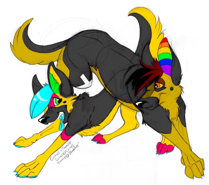 all_fours blue_hair canine colorful crimes digitigrade dog female feral german_shepherd hair looking_at_each_other male rainbow tongue