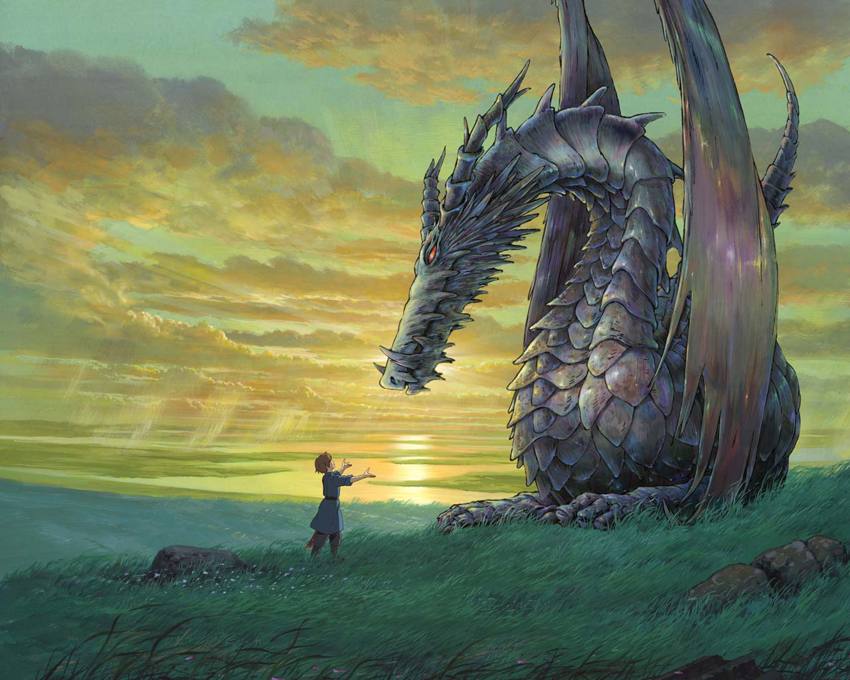 clothed clothing cloud clouds dragon feral flower ghibli grass hair human male mammal outside red_eyes rock scalie short_hair tales_from_earthsea unknown_artist wings