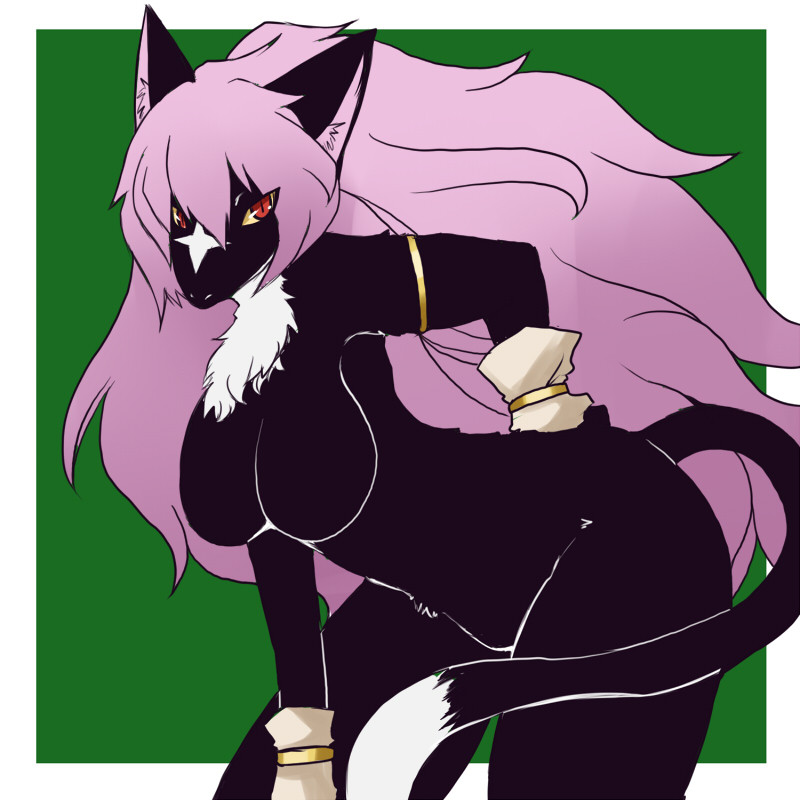 bent_over black breasts ear_tuft face_markings female hair king_of_thorn long_hair looking_at_viewer nude pointy_ears purple_hair red_eyes shinobe solo tail