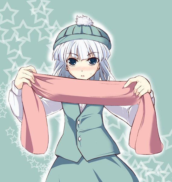 beanie blue_eyes blush ganmo hat konpaku_youmu scarf shimamura_youmu short_hair silver_hair solo star touhou vest white_hair