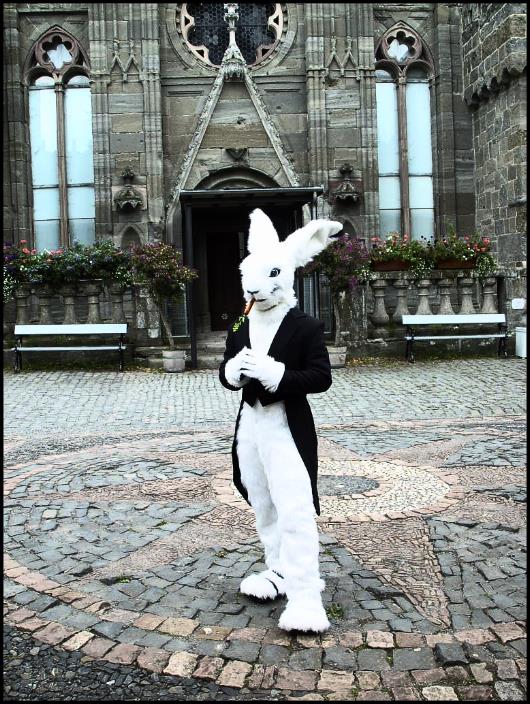 cute fancy fursuit lagomorph looking_at_viewer male mammal rabbit realistic sandals smile solo unknown_artist
