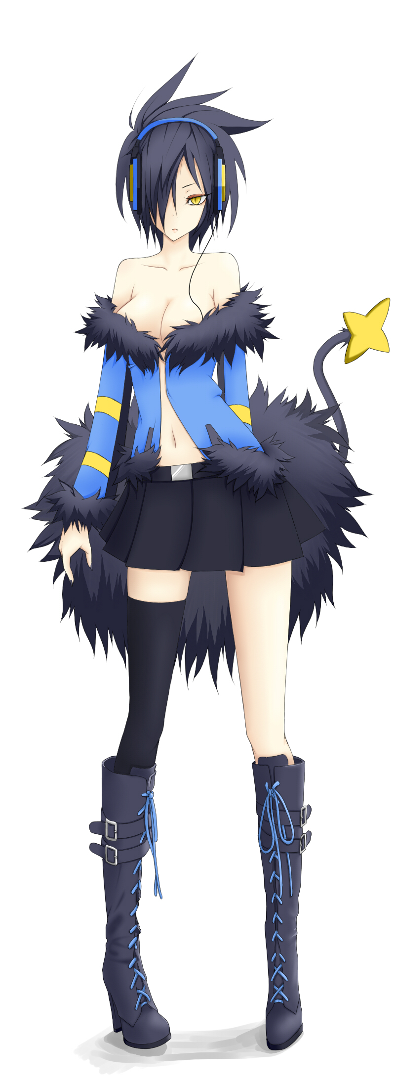 bare_shoulders boots breasts buckle cleavage clothed clothing cosplay female fur fur_trim headphones human laced_boots lacing legwear luxray mammal miniskirt mukon navel nintendo plain_background pok&#233;mon pok&#233;morph pok&eacute;mon solo star stockings stripes video_games white_background yellow_eyes